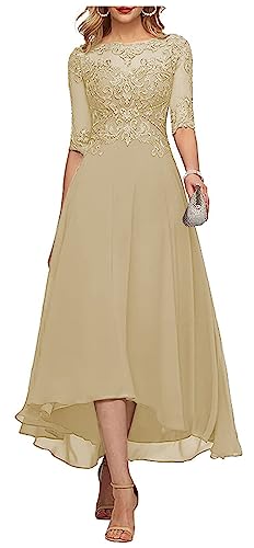 Lace Applique Chiffon Mother of The Bride Dress Long A Line Lace Beaded Half Sleeves Wedding Party Gowns for Women Champagne