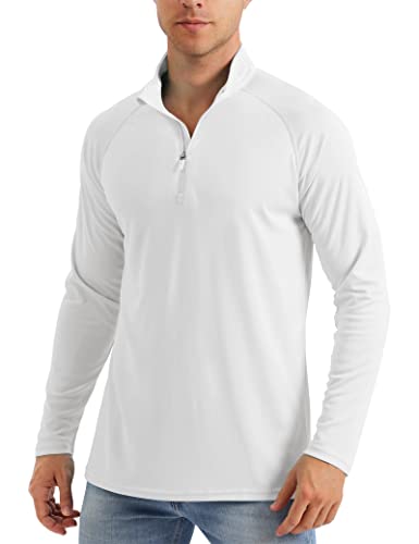 Men's UPF 50+ Sun Protective Quarter Zip Long Sleeve Outdoor Shirt for Hiking, Fishing - White