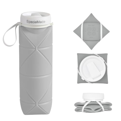 SPECIAL MADE Collapsible Water Bottles Leakproof Valve Reuseable BPA Free Silicone Foldable Water Bottle for Gym Camping Hiking Travel Sports Lightweight 20oz (3nd Version Translucent Grey Spout Lid)