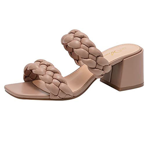 Athlefit Women's Braided Heeled Sandals Strappy Square Open Toe Heels Backless Mules Slip On Block Heels Nude Size 5.5