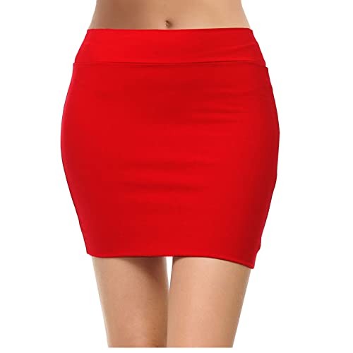 Topdress Women's Bodycon Mini Club Skirts Basic Elastic High Waisted Stretch Pencil Short Skirts with Slit Red Medium