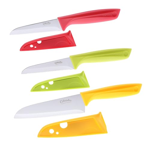 Ohola KITCHEN SUPPLIES 3 Piece Paring Knives, Stainless Steel Paring Knife Set - Utility, Paring and Serrated Paring Knives, Travel Knife Set with Safety Blade, Dishwasher Safe