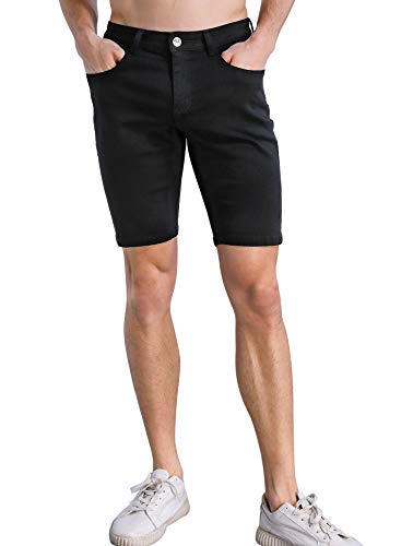 ZLZ Short Jeans for Men Slim Fit, Men's Fashion Design Stretch Slim Black Denim Shorts Pants with Holes, Size 32