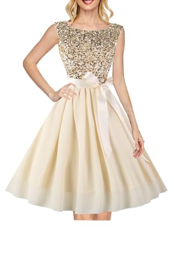 Hanpceirs Women's Boatneck Sleeveless Prom Wedding Guest Bridesmaid Dresses Cocktail Dress Champagne Sequin S New