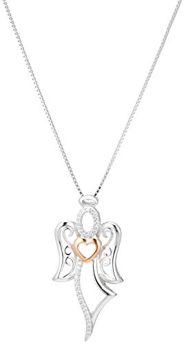 Amazon Collection Two-Tone Sterling Silver and Rose Gold Over Sterling Silver Angel with Heart Pendant Necklace, 18'