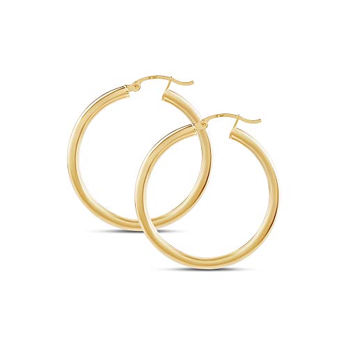 14k Yellow Gold Classic Shiny Polished Round Hoop Earrings for Women, 3mm Tube x 35mm Diameter