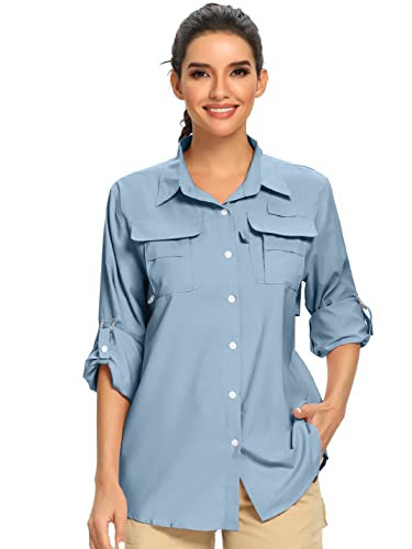 Jessie Kidden Women's UPF 50+ UV Protection Safari Shirt - Quick Dry, Long Sleeve, Hiking, Fishing, Gardening (5055 Light Blue, S)