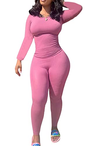 vyolu Casual Workout 2 Piece bodycon casual outfit Women Ribbed Set Long Sleeve Elastic Leggings LoungeWear activewear …