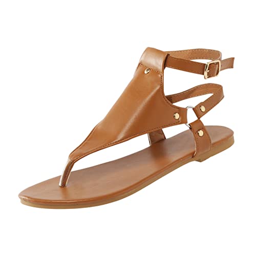 Women Leather Flats Sandal Summer Thong T-Strap Orthotic Shoe Strap Adjustable Buckle Slip On Flip Flops Sandals Brown, 6.5