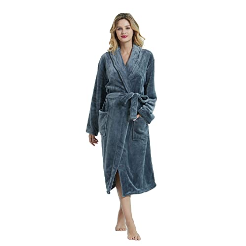 HEARTNICE Womens Fleece Robes, Soft Plush Long Bathrobe, Thick Kimono Robes for Womens, Warm House Coat (Dark Gray, 2XL/3XL)