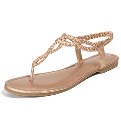 zeetoo Women's Sandals Braided Flat Summer Shoes T-Strap Thong Bohemian Casual Dressy Sandals for Women Size 9