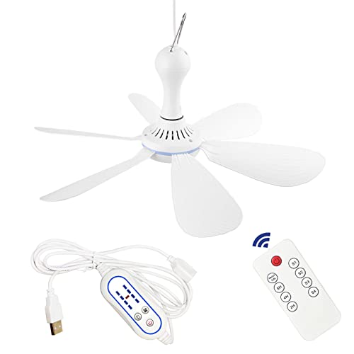 SCOOYEEES Silent USB Powered Ceiling Fan with Remote Control Timing 4 Speed, Quiet Small DC Plug in Ceiling Fan Hanging Fan for Camping Bed RV Tent Canopy Room