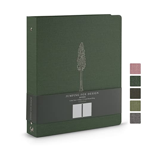 Jumping Fox Design Linen Fabric 3 Ring Binder, 1.5 Inch Binder, for 3 Hole Punch Letter Size Loose Leaf Paper (Letter Size, 3 Round Ring, 1.5', Forest Green)