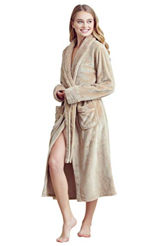 Women’s Comfortable Fleece Bathrobe – Plush Soft Robe for Women (L/XL, Beige)