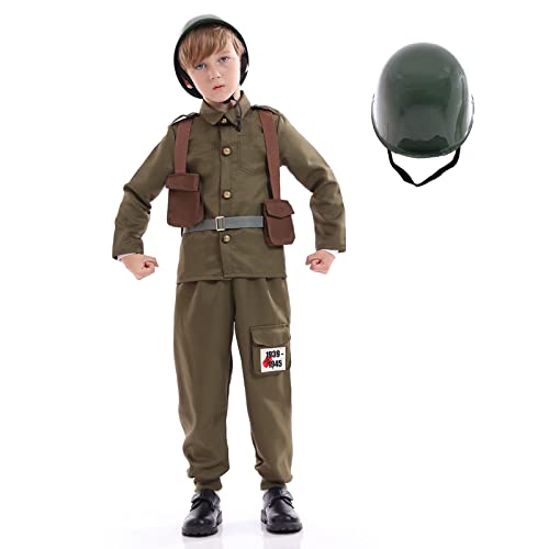 Funivals Army Soldier Costume Kids，Unisex WWII Soldier Dress Up with Helmet，Halloween Cosplay Outfit for Boys，Khaki (M)
