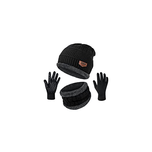 Winter Beanie Hats Scarf Gloves Set Thick Warm Slouchy Beanies Hat Knit Skull Cap Neck Warmer for Men Women,Hat Scarf Set-a-black