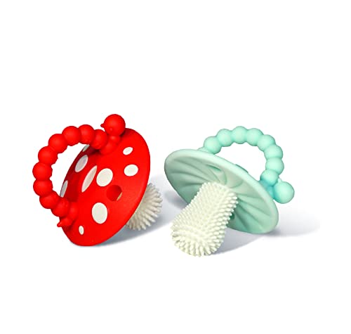 RaZbaby Chompy Teether for Infant & Baby 3M+ Teether Toy with Massaging Bristles for Teething Relief Pacifier - Soothes Sore Gums - Hands-Free & Easy-to-Hold Teether, BPA Free - RED/BLUE