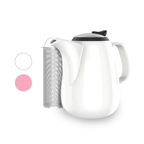 Premium White Ceramic Teapot - Large Teapot with Strainer - 47 oz / 1400 ml - Tea pot with Infuser for Loose Tea - Heat Resistant Handle - Ideal for Gatherings and Tea Party