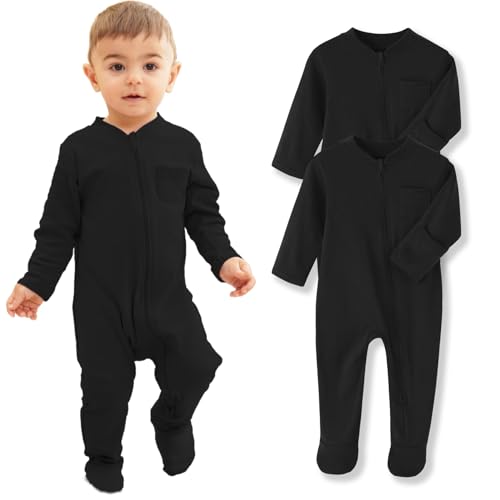 Medjhotep Baby Boy Pajamas with Mitten Cuffs 3-6 months, Black Baby Clothes Infant Footie Sleeper with Long Sleeve and 2 Way Zipper Closure，100% Cotton Sleep and Play 2-Pack Black 6M