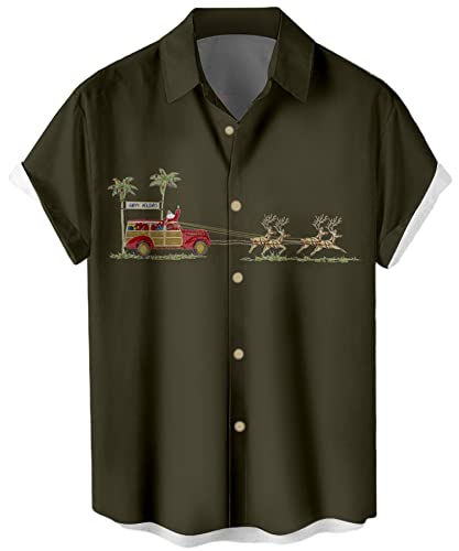 Mens Bowling Shirt Short Sleeve Vintage Printed Camp Shirt Casual Button Down Shirt Santa Green XL-1116