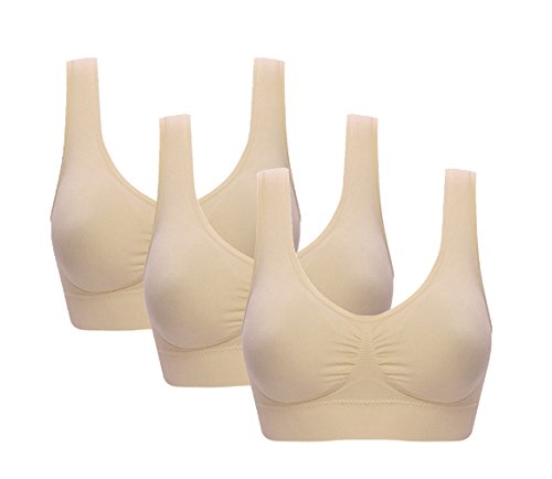 Vermilion Bird Women's 3 Pack Seamless Comfortable Sports Bra with Removable Pads Beige L