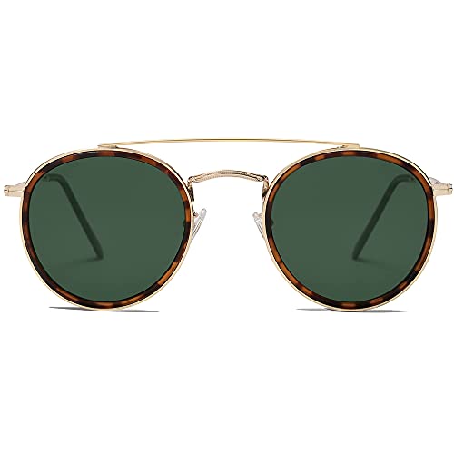 SOJOS Retro Round Double Bridge Polarized Sunglasses for Women Men Twin Beams Circular UV400 Sunnies SJ1104, Brown Tortoise/Green
