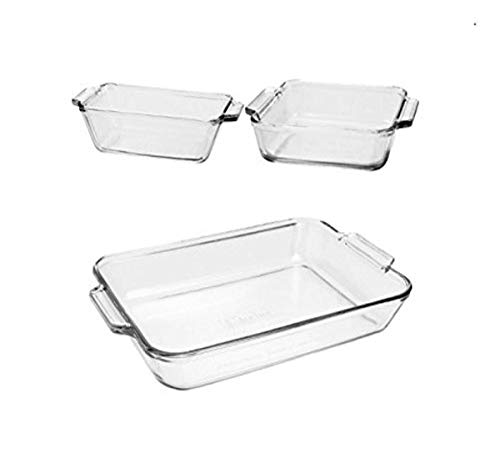 Anchor Hocking Glass Baking Dishes for Oven, 3 Piece Set (3 Qt Glass Casserole Dish, Cake Pan, and Bread Pan)