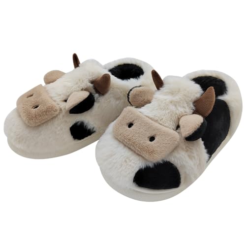 Cute Cow Fuzzy Slippers for Women Men, Cotton Animals House Slippers Fluffy Plush Indoor Shoes for Living Room Bedroom, Size 8.5-9.5