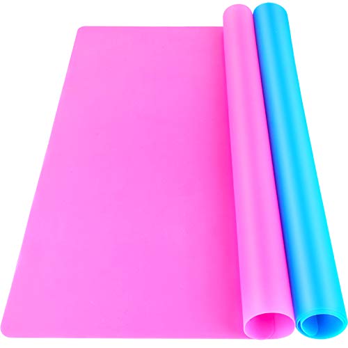 LEOBRO Silicone Mat for Resin Molds, 2 PCS 15.7' x 11.7' Playdough Mat, Silicone Sheet for Crafts Jewelry Resin Molds Mat, Nonstick Silicone Craft Mats for UV Resin, Paint, Clay, Blue & Rose Red