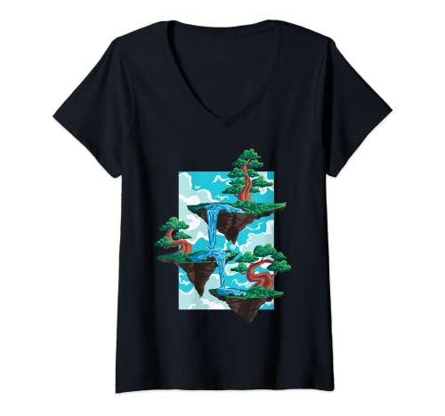 Womens Floating Bonsai Island Japanese Bonsai Tree V-Neck T-Shirt