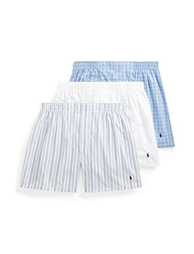 POLO RALPH LAUREN Men's Classic Fit Woven Cotton Boxers, White/Cruise Navy, Jarvis Stripe/Cruise Navy, Cannes Plaid/Cruise Navy, Small