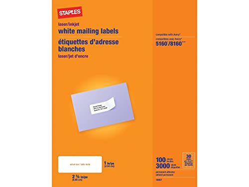 Staples White Inkjet/Laser Address Labels, 1' X 2-5/8', 3,000/Box