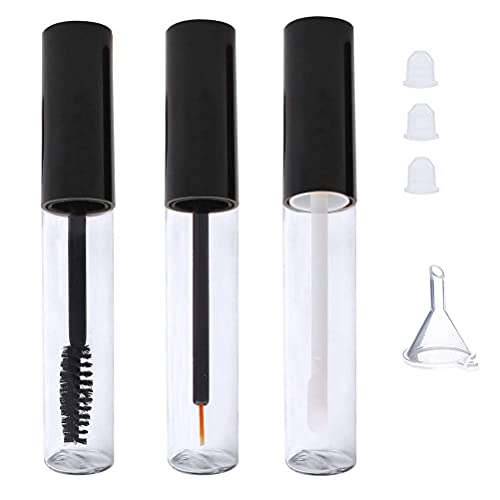 10ml Mini Empty Transparent Mascara Tube, Eyeliner Tube and Lip Gloss Tube with Black Lid Refillable Plastic DIY Cosmetic Container Including Mini Funnel