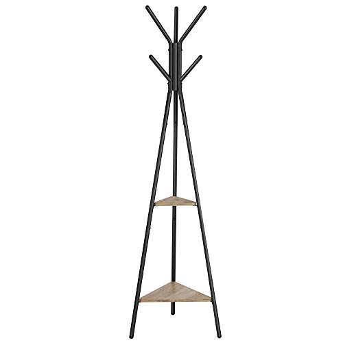 VASAGLE Coat Rack Freestanding, Coat Hanger Stand, Hall Tree with 2 Shelves, for Clothes, Hat, Bag, Industrial Style, Greige and Black URCR016B02