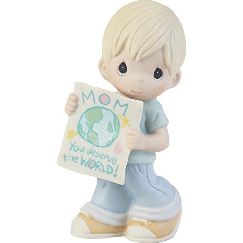 Precious Moments Little Boy Figurine | Mom, You Deserve The World Boy Bisque Porcelain Figurine | Moms Birthday | Mother's Day | Hand-Painted