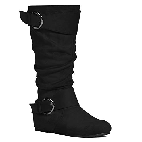RF ROOM OF FASHION Dublin-01 Women's Wide Calf Wide Width Low Hidden Wedge Knee High Boots w Hidden Pocket - Plus Size Friendly BLACK Size.10