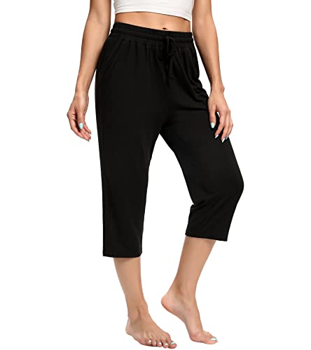 CULAYII Women's Capri Pants Cropped Running Solid Hiking Exercise Pants Quick Dry Loose Fit with Side Pockets Plus Size Black XXL