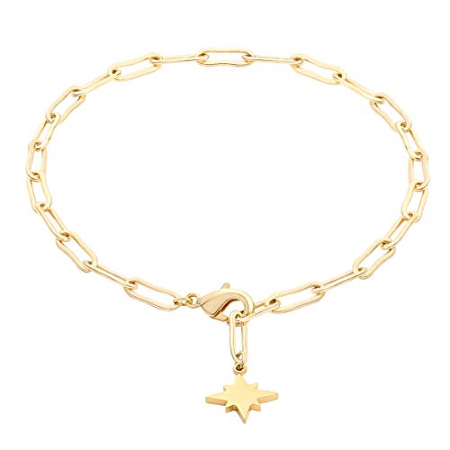 Aobei Pearl 18K Gold Oval Rolo Chain Bracelet North Star Charm Adjustable Bracelet Stackable Jewelry for Women