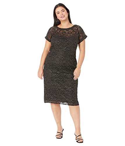 Maggy London Plus Size Illusion Top Dress with Metallic Corded Lace Black/Gold 24W