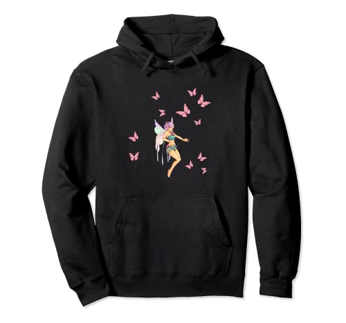 Pretty Fairy Surrounded by Pink Butterflies Pullover Hoodie