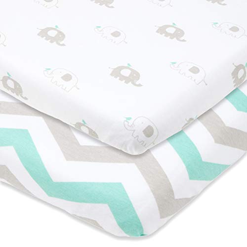 Cradle Sheets Fitted 18 x 36 – Fits Most Bedside Sleeper Bassinets Without Bunching Mattress Pad – Snuggly Soft Jersey Cotton – Grey, Mint, Chevron, Elephants – 2 Pack