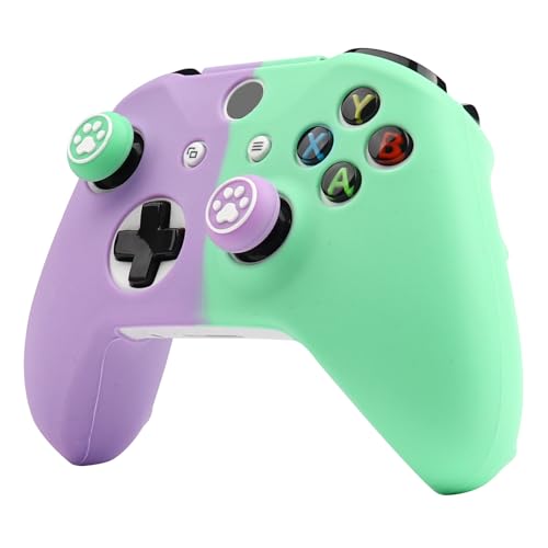 RALAN Purple and Green Duplex Color Controller Skin Silicone for Xbox One, Non-Slip Grip Cover Protector Compatible with Xbox One S/X Controllers with 2 Thumb Grip Caps.