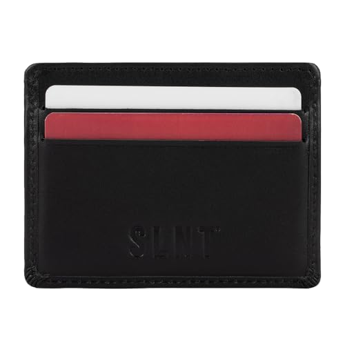 SLNT Napa Top Grain Leather RFID & NFC Signal Blocking Simple Card Wallet - Contains 4 Credit Card Slots and 1 Center Pocket - Clean, Sleek, Stylish Design - Slim and Lightweight Profile (Black)