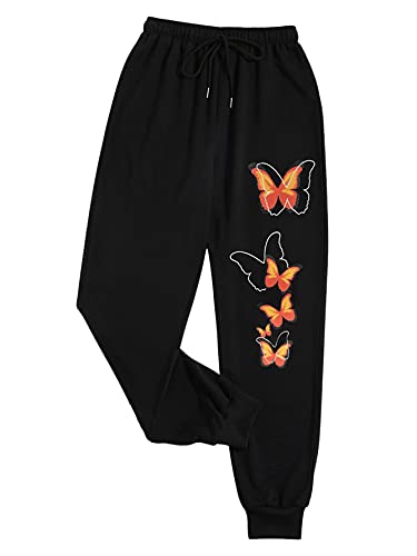SOLY HUX Women's Butterfly Print Drawstring High Waisted Sweatpants Joggers Pants Black M