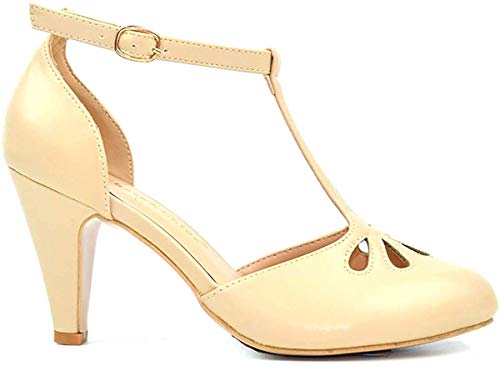 Chase & Chloe Kimmy-36 Women's Teardrop Cut Out T-Strap Mid Heel Dress Pumps (8, Nude PU)