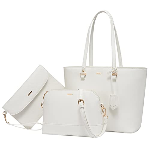 Handbags for Women Shoulder Bags Tote Satchel Hobo 3pcs Purse Set，White