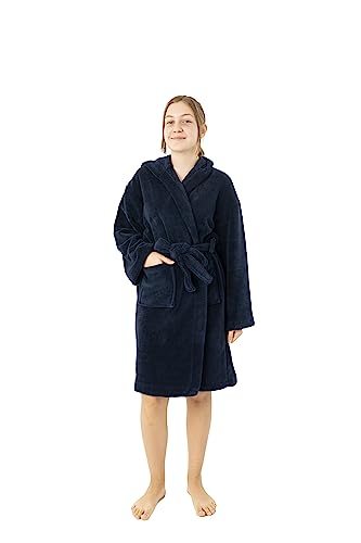 BC BARE COTTON Kids Microfiber Fleece Hooded Robe - Girls - Navy Blue - Large