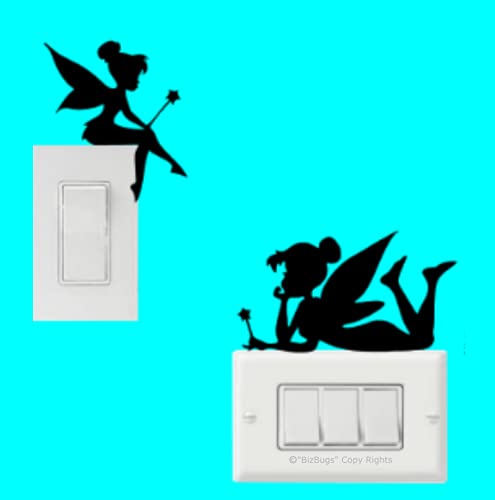 (2 in 1) Tinkerbell Light Switch Decal Fairy Vinyl Sticker for Walls, Laptop Stickers and Decals |02,Black| 'BizBugs' Backed Quality Product.