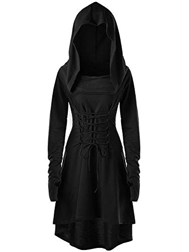 FSVABY Womens Renaissance Vintage Hooded Costume Dress Lace Up Robe High Waist Dress with Thumb Hole (Black, Large)