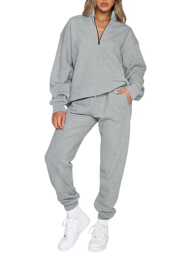 Aleumdr 2 Piece Sweatsuit Outfits for Women Jogging Sets Casual Long Sleeve Half Zip Pullover Drawstring Jogger Lounge Tracksuit Gray Large